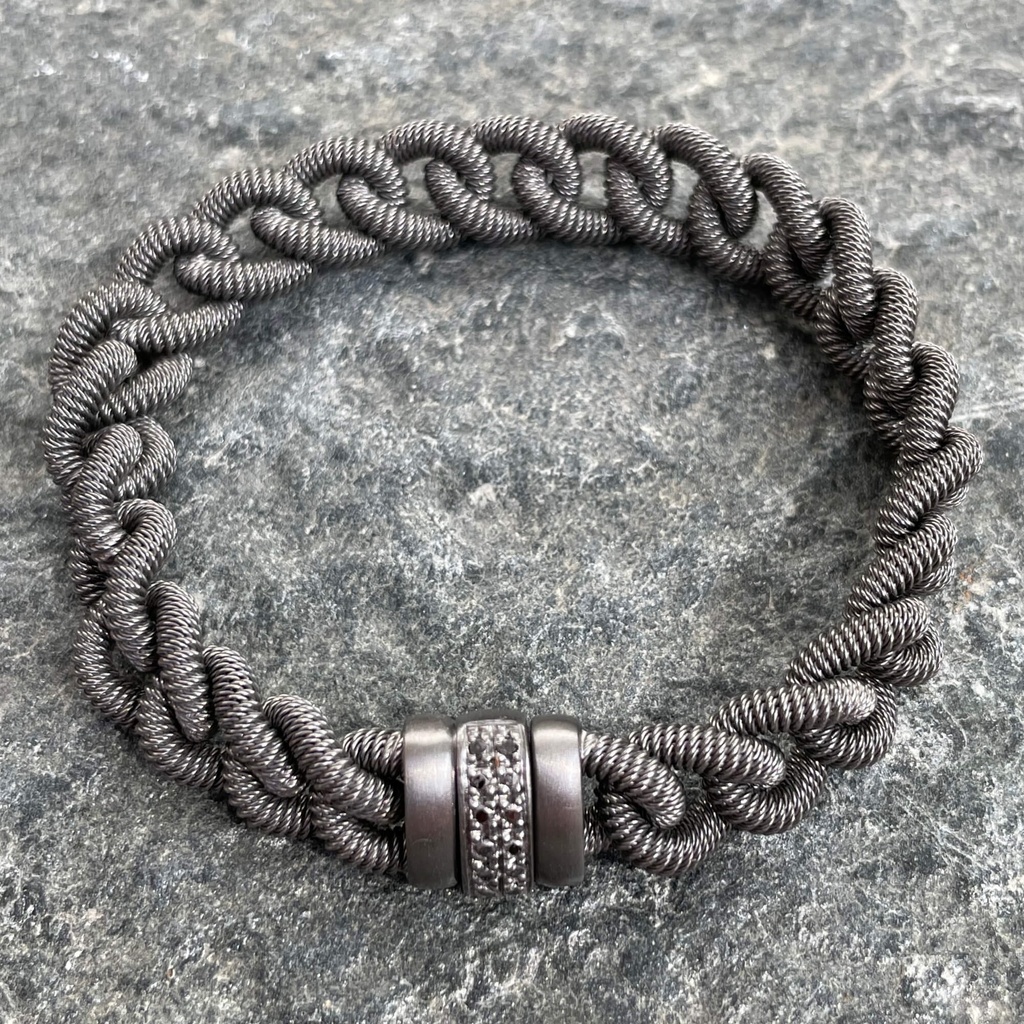 Zwarte zilveren schakelarmband voor heren met zwarte diamant