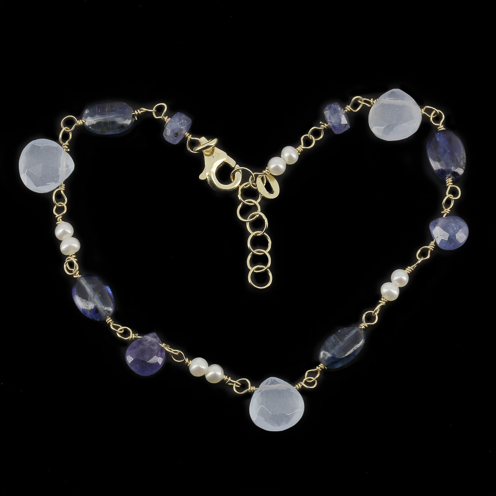 Geel gouden armbandje van 18kt met kleurstenen en parels