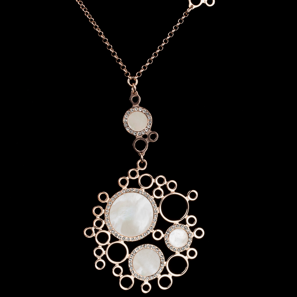 Rosé ketting met cirkels van parelmoer en zirkonia
