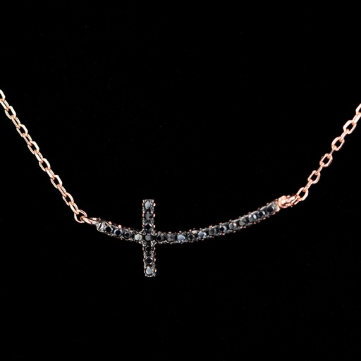 [OX0216006] Rosé ketting met een kruisje van zwarte zirkonia steentjes