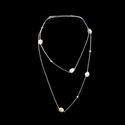 [OX0218001] Lange ketting van zilver met parels en zirkonia