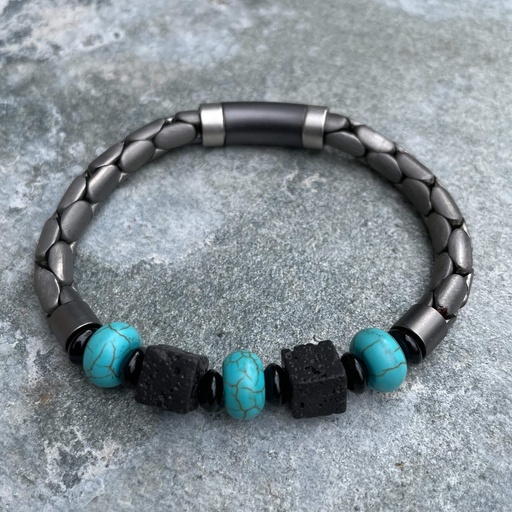 Grijze armband met turquoise en zwarte stenen